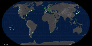 still from video showing location of algal blooms 2004 Credit: NASA still from video showing location of algal blooms
